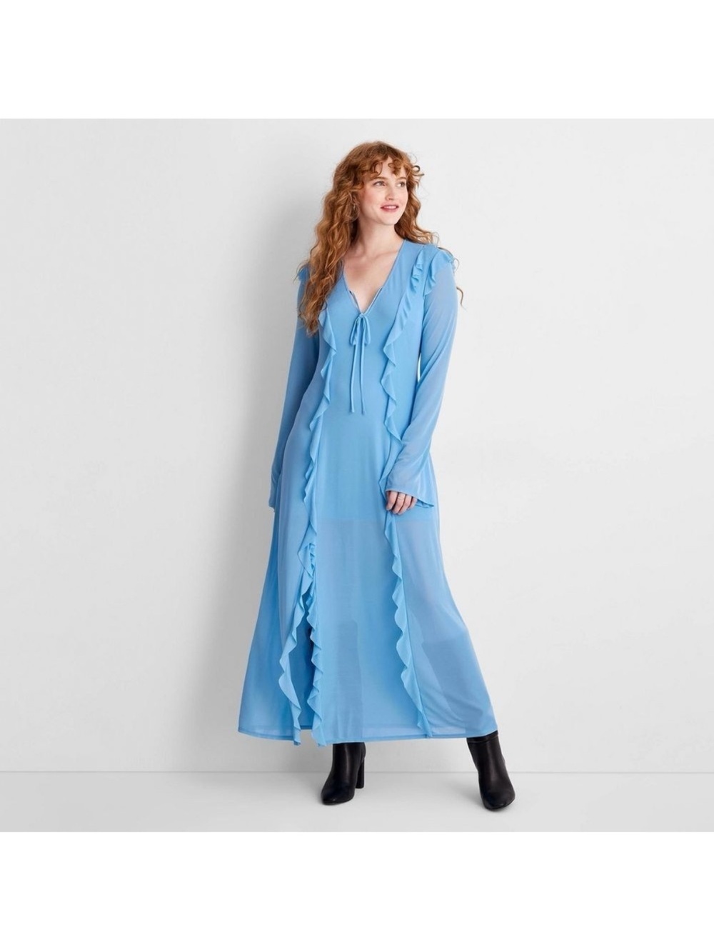 Future Collective Light Blue Ruffle-Trim Long Sleeve V Neck Maxi Dress Medium